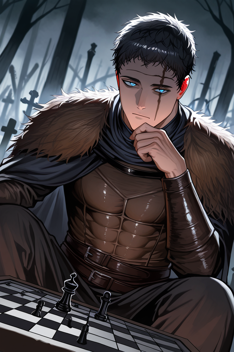 realistic shading, dimlighting, facial marked-male focus, expressive expressionless face, zenonbc, black_zenonbc_facial mark, black_zenonbc_short hair, blue eyes, 1boy, closed mouth, shiny skin, hand on chin, sitting behind chessboard, medieval cosplay, leather armor, covered abs, dark outdoors graveyard, dark environment, evil, imposing, shadow, foreshortening, dutch angle, dynamic angle, dynamic action, intricately detailed illustration, cinematic, depth of field, atmospheric perspective, masterpiece, best quality, amazing quality, very aesthetic, absurdres, newest, BREAK, fog, mist