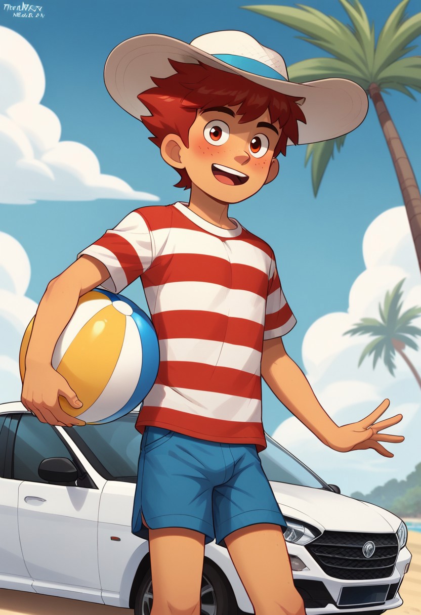 score_9, score_8, score_7, score_6, triplevexx, ball, 1boy, freckles, shorts, male focus, solo, motor vehicle, ground vehicle, outdoors, hat, red hair, tree, open mouth, striped shirt, day, shirt, red eyes, palm tree, cloud, beachball, striped, sky, car, beach, smile, looking at viewer, male child, blush,