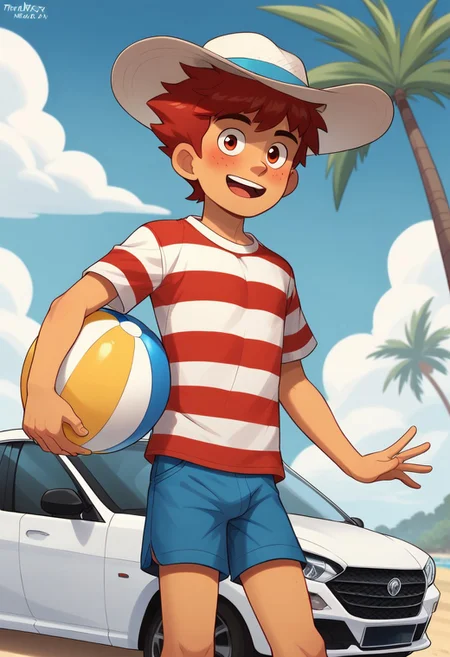 score_9, score_8, score_7, score_6, triplevexx, ball, 1boy, freckles, shorts, male focus, solo, motor vehicle, ground vehicle, outdoors, hat, red hair, tree, open mouth, striped shirt, day, shirt, red eyes, palm tree, cloud, beachball, striped, sky, car, beach, smile, looking at viewer, male child, blush,