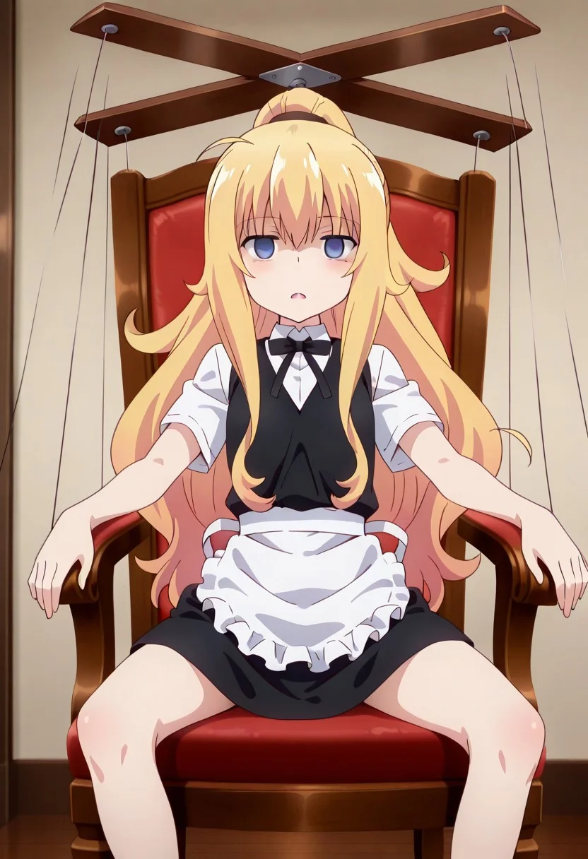 masterpiece,best_quality, anime screencap, perfect eyes, ,1girl,solo, gabt, blush, ponytail, black hairband, waitress, black dress, white shirt, black bowtie, apron, open mouth, expressionless, (outstretched arms), sitting, chair, ((open legs)), hypnosis, marionette transformation, control bar, strings attached to limbs, (back of hands), empty eyes