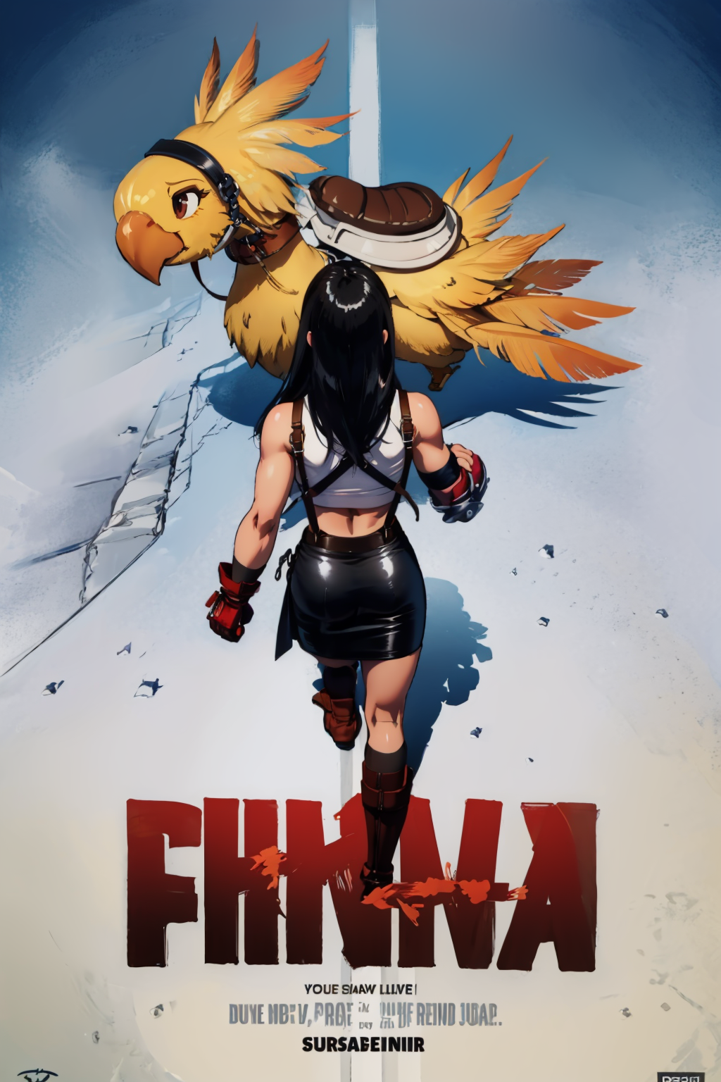 masterpiece, best quality, <lora:concept_akiraposter-11:1> akiraposter, from above, from behind, walking, chocobo <lora:chocobo-nvwls-v1:1>   <lora:tifa-nvwls-v1-final:0.8> defTifa, white crop top, elbow pad, fingerless gloves, suspenders, pencil skirt, black socks, red boots