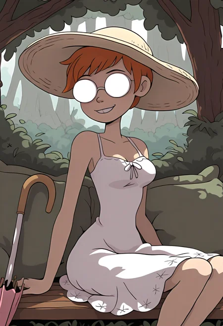 masterpiece, best quality, absurdes, 1girl, solo,
<lora:Rena (Anders Loves Maria) (Illust):0.8>
Rena_Girl, opaque round glasses, opaque glasses, orange hair, pixie cut, smile,
sundress, large hat, medium breasts, umbrella, sitting, shade,
outdoors, forest, detailed background,
<lora:Detailer_NoobAI_Incrs_v1:0.4> detailed,
<lora:princess_rc_il:0.5>