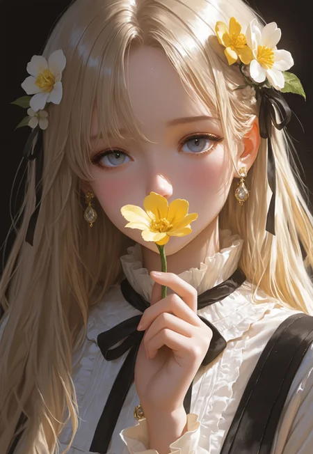 Hype4realistic,1girl, flower, solo, long hair, looking at viewer, holding, jewelry, upper body, holding flower, earrings, dress, blush, long sleeves, ribbon, yellow flower, grey eyes, hair ornament, shirt, frills, neck ribbon, black dress, white shirt, hair flower, black ribbon, suspenders, blue eyes, hand up, covered mouth, blonde hair, black background, plant, leaf, white flower, realistic,