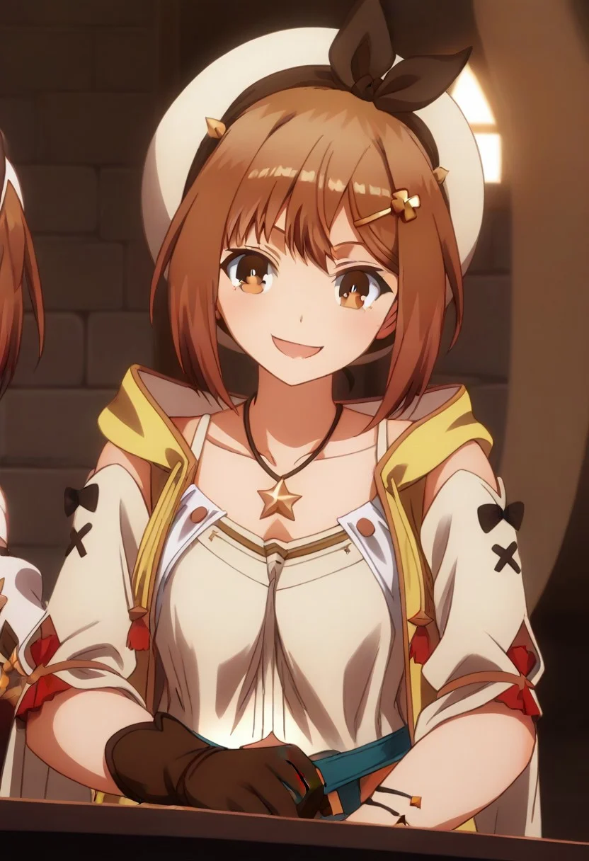 <lora:Reisalin_Ryza_Stout:.8>Ryza, short hair, Brown hair, hairclip, brown eyes, hat, star necklace, jewelry, gloves,, happy girl,
