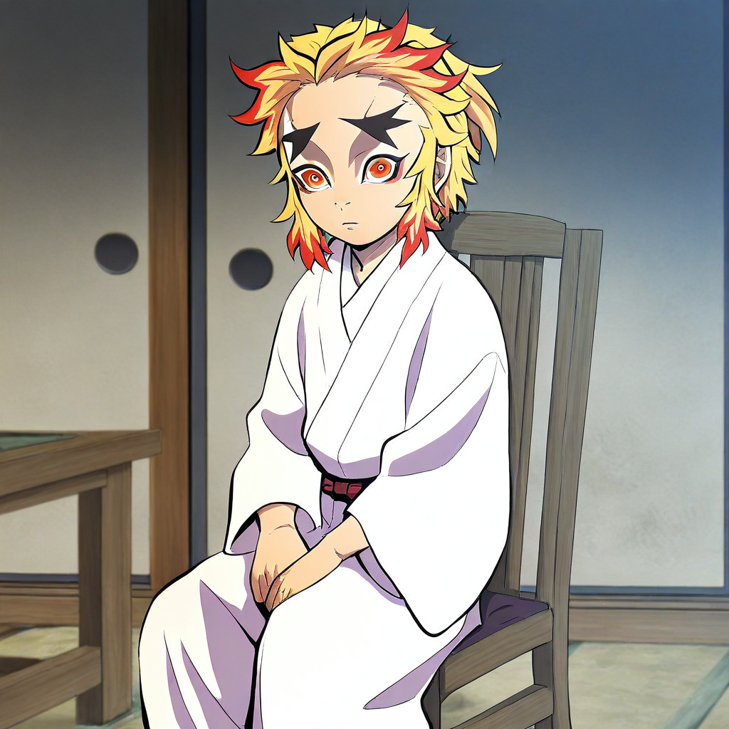 masterpiece, best quality, solo, senjuro_ds, 1boy, multicolored hair, forked eyebrows, japanese clothes, sitting, chair, looking at viewer