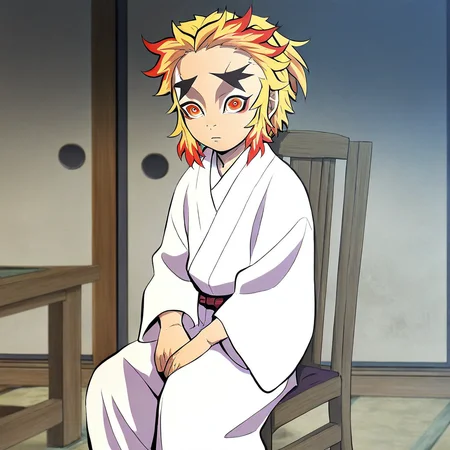 masterpiece, best quality, solo, senjuro_ds, 1boy, multicolored hair, forked eyebrows, japanese clothes, sitting, chair, looking at viewer