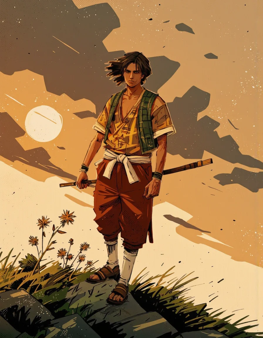 By Alex Vede.
This is a digital illustration depicting a young, male anime character standing on a grassy hillside at sunset. The character is of Asian descent, with dark hair that is windswept, suggesting movement. He is dressed in a traditional Japanese outfit, specifically a hanten coat, which is a short, sleeveless jacket in a checkered pattern of green, yellow, and brown. The hanten is tied at the waist with a white belt. He also wears a pair of baggy, red pants that are tucked into white, ankle-high socks, and brown, sturdy shoes. His left hand holds a long, wooden staff, while his right hand is empty, resting on his hip. The character's expression is one of determination, with his head tilted slightly upward and eyes looking towards the horizon.
The background features a dramatic, golden sunset with a mix of scattered clouds and rays of light casting a warm glow over the scene. The grassy hillside is dotted with wildflowers, adding a touch of natural beauty to the composition. The overall style of the illustration is realistic with a touch of anime influence, capturing the essence of traditional Japanese attire and the serene yet intense atmosphere of the moment.
