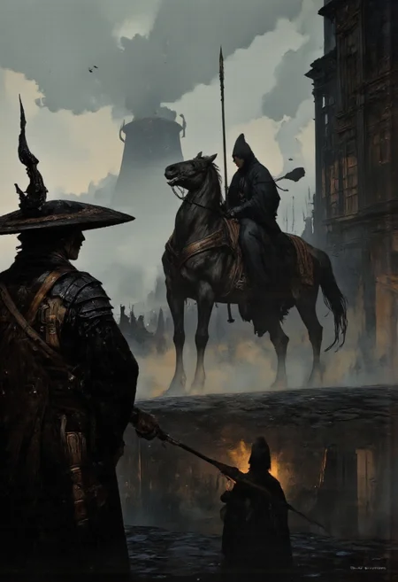 Art by Gerald Brom. A digital illustration shoot from the front about a dramatic scene depicting two silhouetted figures in traditional japanese attire, one on horseback and one on another, set against a misty cityscape with tall buildings in the background. the scene is set in a dark, foggy environment with a windmill in the distance. on the left side of the image, a shadowy figure with a long black cloak and a large hat, holding a sword, appears to be facing away from the viewer, while on the right side, another figure is sitting on a horse, wearing a black robe and holding a spear, with a serious expression. in the foreground, a smaller figure is positioned in front of the larger figure, with the smaller figure positioned to the left. the overall atmosphere is dark and moody, with dramatic lighting and shadows, creating a sense of tension and foreboding.