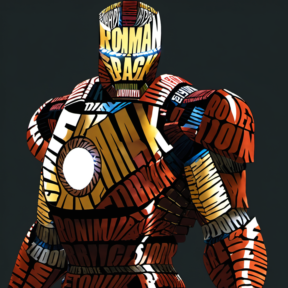 typography_art, ironman,ironman english text,simple background, upper body, black background  <lora:Typography_art:1>