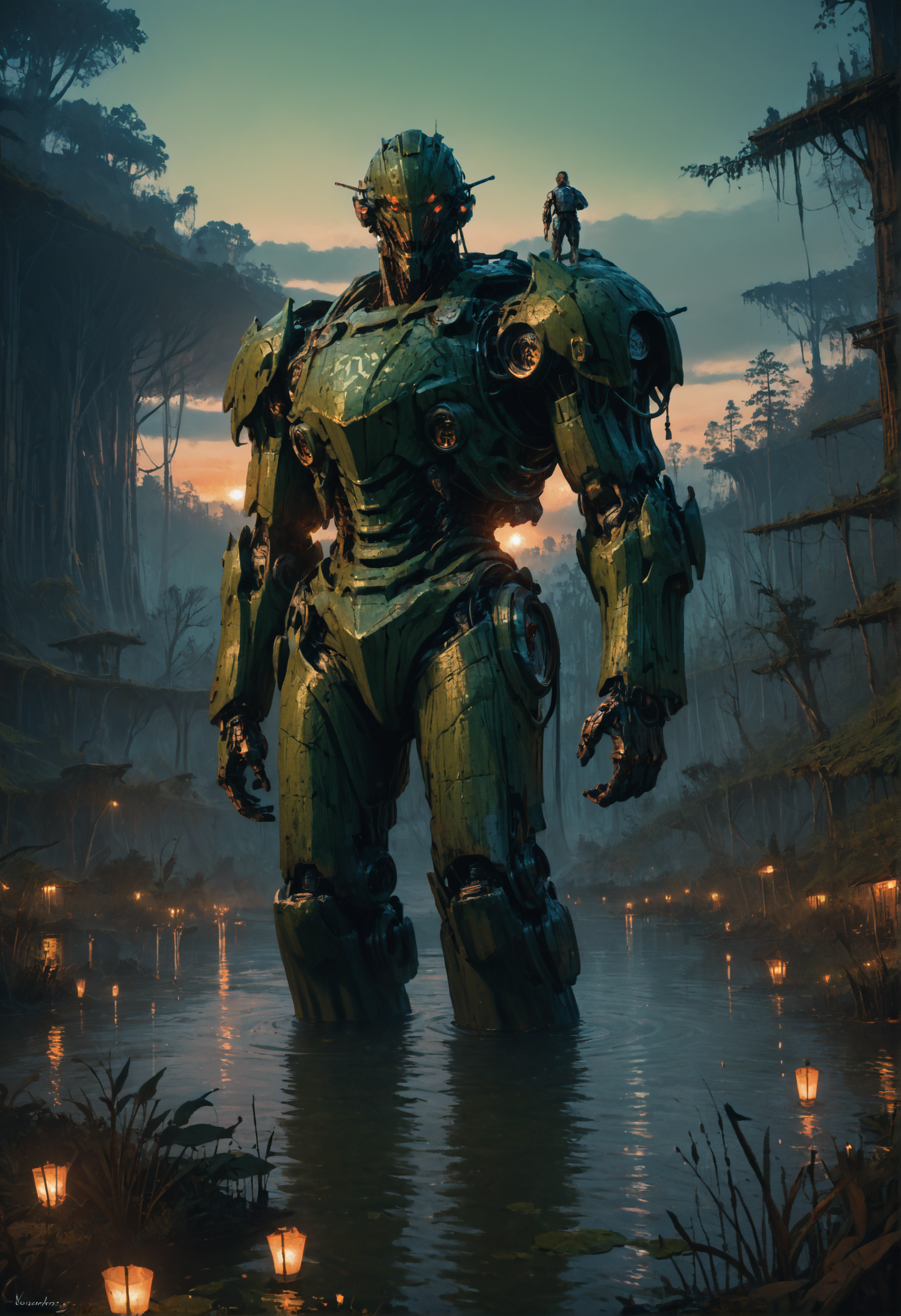 score_9, score_8_up, score_7_up,  <lora:MechaForge-000003:1> m3chaf0rge, giant, giant mech, mecha, bipedal mech, science fiction, sunset, full body, legs, swamp, wetland, people,