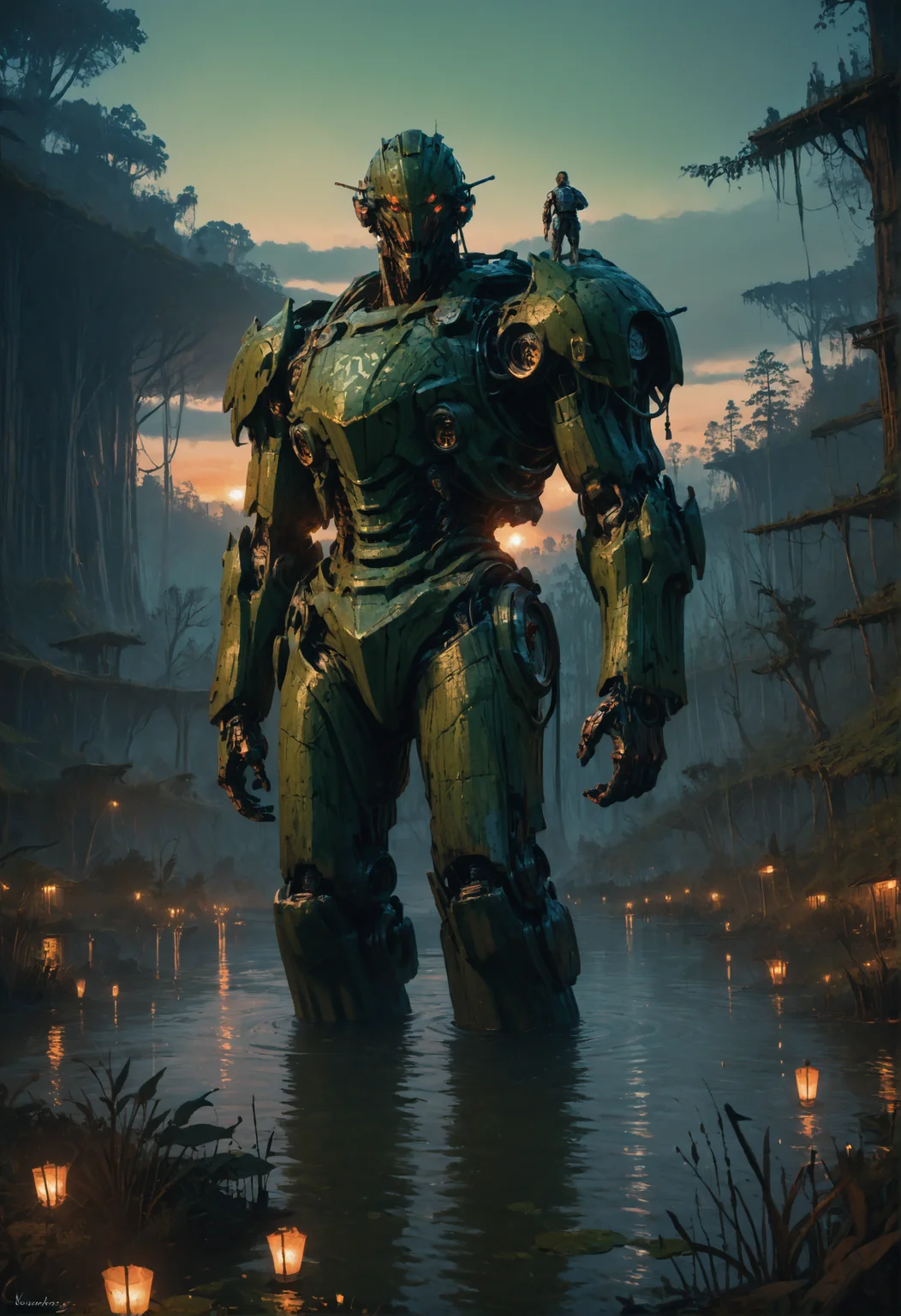 score_9, score_8_up, score_7_up,  <lora:MechaForge-000003:1> m3chaf0rge, giant, giant mech, mecha, bipedal mech, science fiction, sunset, full body, legs, swamp, wetland, people,