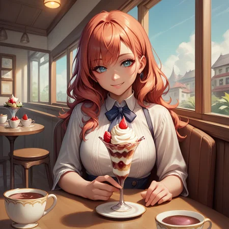 score_9, score_8_up, score_7_up,CONCEPT_PovDating_ownwaifu, 1girl, cup, smile, window, looking at viewer, indoors, pov across table, cafe, spoon, sitting, teacup, parfait, food, ice cream, upper body, chair, saucer, pov dating,