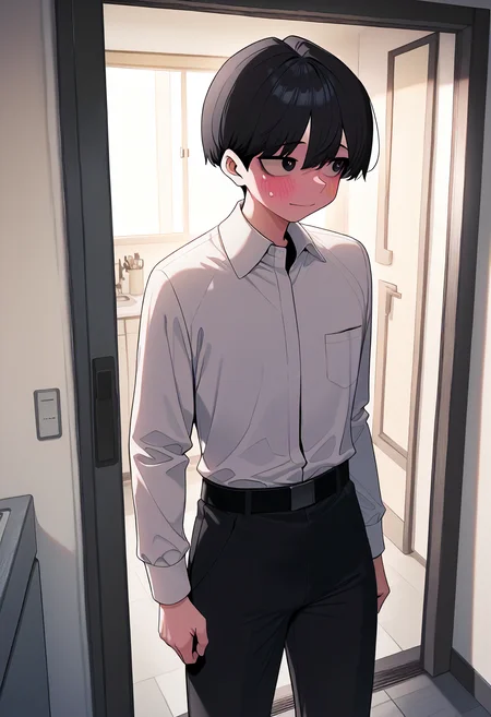 masterpiece, best quality, amazing quality, very aesthetic, absurdres, newest, scenery, volumetric lighting, perfect eyes, ultra detailed,
1boy, solo, male, black hair, short hair,, black eyes, short, petite,
formal clothes, white shirt, black pants, belt, 
standing, blushing, looking away, happy,
kitchen, detailed background,
<lora:Someone_Stop_Her_-_Manhwa__Illustrious:1>
masterpiece, best quality, amazing quality, very aesthetic, absurdres, newest, scenery, volumetric lighting, perfect eyes, ultra detailed,