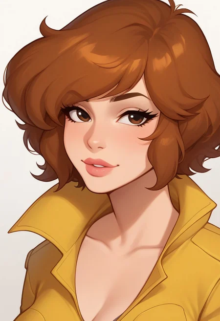 april o'neil, 1girl, short hair, brown hair, brown hair, brown eyes, lips, April80, score_9, score_8_up, score_7_up, score_6_up, score_5_up, score_4_up, source_anime BREAK april o'neil, <lora:AkaburV2_PDXL:0.8> ,Akaburstyle, <lora:Milking_Machines:0.8>,MFHucow