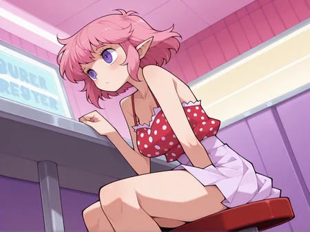 1girl, messy bangs, bare shoulders, blush, elf, eyebrows visible through hair, short hair, medium breasts, pink hair, pointy ears, purple eyes, long sidelocks,
themed extra 5 (retro pinup revisited): vintage-inspired red polka dot crop top with a sweetheart neckline paired with a flared swing skirt, staged in a retro diner with neon accents, pose: playfully winking while seated on a stool, from below
<lora:DarkfireStyle19:1.25>