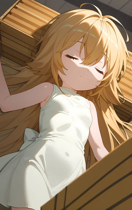 (score_9, score_8_up, score_7_up), looking at viewer, light smile, closed mouth, shiny skin, tight clothes,
ohwx, 1girl, solo, solo_focus, aged_down, child, green_eyes, blonde_hair, long_hair, very_long_hair, hair_between_eyes, small_breasts,
dress, white_dress, sleeveless, sleeveless_dress, bare_shoulders,
blurry, cowboy shot, dutch angle, warehouse, box, (sleeping on box:1.5),
<lora:kusano_pony_ss-000002:1>