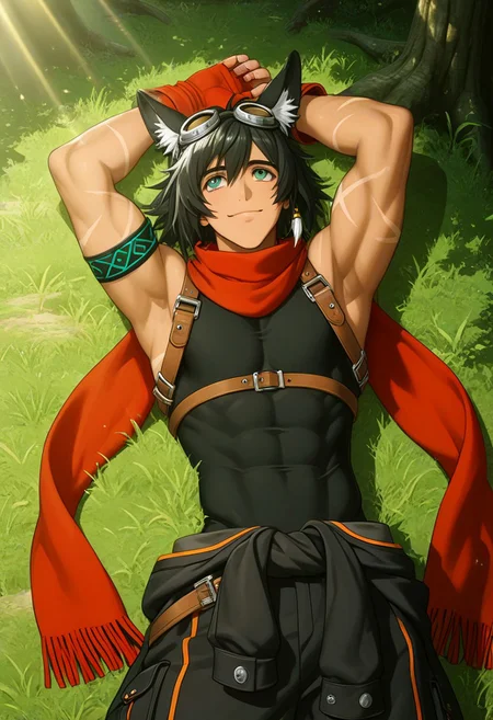 Anime, anime screencap, anime coloring, official art, 1male only, 1boy only, male focus, tall body, tall height, lean figure, toned body, Courier, black hair, animal ears, goggles on head, blue green eyes, single long white earring, see-through sleeveless shirt, chest harness, long red scarf, single black blue green armlet, arm scars, fingerless red gloves, black jacket tied around waist, orange accents, baggy pants, criss cross double belts, orange accents, cowboy shot, head to hips shot, fantasy land background, fantastical scenery, forest, sun rays, dramatic lighting, happy, smile, looking up, laying on grass, relaxing, arms above head, armpits, biceps