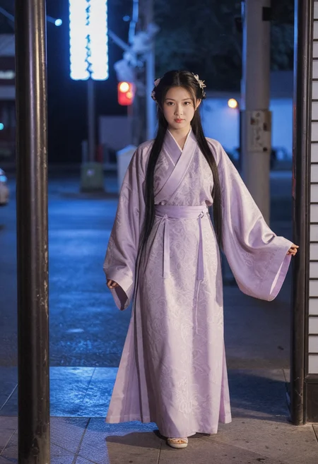 A still of an asian woman from a martial arts movie and wearing traditional Hanfu, HDR, Film Tone, Urban Night Scene, Lens 35mm, Depth of Field, Cool Tone, (Film Vignetting: 1.2), Film Grain,  Street Lights, subtle light and shadow, bustling atmosphere, Nighttime, city street, bus stop, full body, calm expression,purple Hanfu, silk material, intricate patterns, long black hair, gently draped, urban background, street lamps, nightly urban ambiance
<lora:dmd2_sdxl_4step_lora:1> <lora:Chinese style_Hanfu_SDXL_V1-lora-æ¼¢æ:0.8>, <lora:spo_sdxl_10ep_4k-data_lora_webui:0.5>