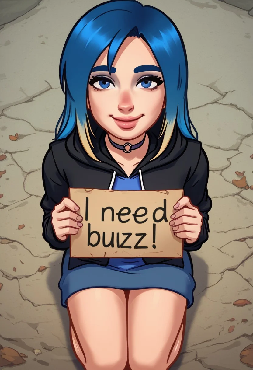 score_9, score_8_up, score_8_up, 1 girl, stseve, depth of field, raw, close up shot, focus on torso, posing, wide smile,(need_buzz, holding sign, sign in one hand, holding sign to the side), sfw, thick thighs, narrow waist, (blue hair, blonde tips),black jacket, long sleeves, hoodie, blue shirt , (dyed hair, blue hair), long hair, blue eyes, o-ring choker, (view from above), sitting on knees, knees together, kneeling, head down