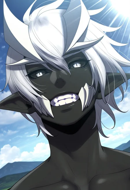 HDR, 8K, high contrast, masterpiece, best quality, amazing quality, very aesthetically pleasing, superabsurd res, high resolution, ultra-detailed, absurdres, latest, landscape, light rays, chiaroscuro, dynamic angle, Dutch angle, close-up, 1boy, Ipos, pointed ears, black skin, teeth, white horns, black sclera, white eyes, narrow pupil, white hair, BREAK, beautiful detailed eyes, detailed skin, detailed hair, volumetric lighting,