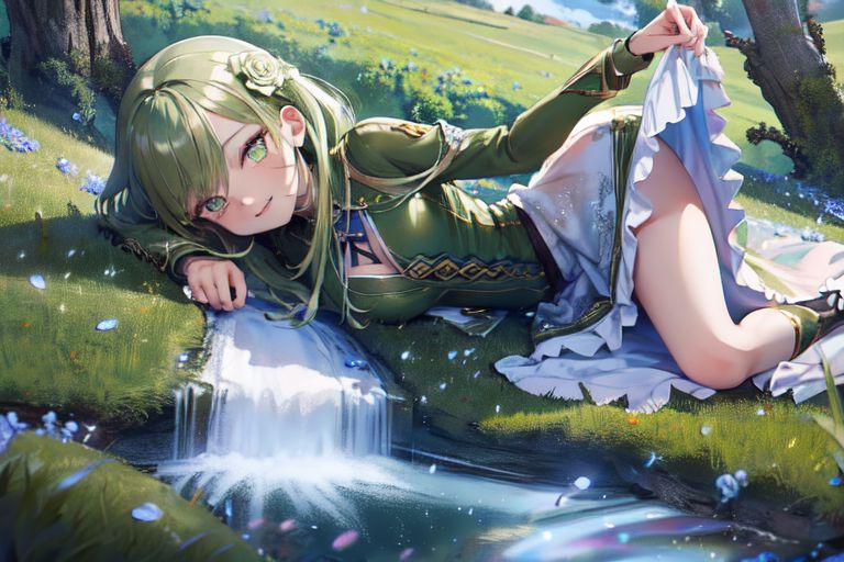 (masterpiece:1.4), 4K8K, (anime style), (high shutterspeed:1.4), (sharp edges), 
SyFyEye1, FanFo, 
1woman  hands togather,  leaning foward, face focus, smile, closed mouth, 
wearing Celtic style dress, (Detailed face, Detailed eyes, Detailed lips), (solo), 
olive hair, any colored roses, Fantastic, grass firld, river-side,