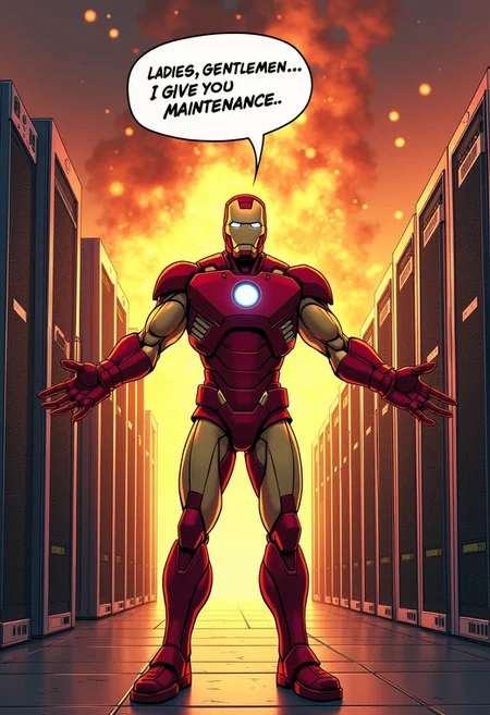 Realistic comic type image of Iron-man stranding in front of viewer with his arms wide open. Multiple computer servers and IT equipment are stacked like a mountain, burning from afar in the background in a blaze of glory. Speech bubble in comic writing from Iron-man saying "Ladies and Gentlemen...I give you Maintenance"