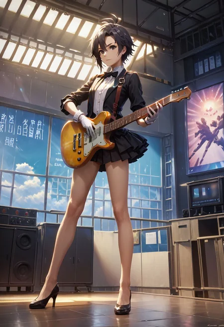 score_9,score_8_up,score_7_up,score_6_up,source_anime, <lora:Worldly_XL:1> (interior, skylight, rooflight:1.8), (concert background, microphone stand: 1.3), ((((playing guitar:2))))
1girl, solo, full figure, standing, dynamic pose, singing, dancing, <lora:KikuchiMakoto_pony_v1:0.9> kikuchi makoto, kkcmkt, short hair, black hair, antenna hair, hair between eyes, black eyes, flat chest, small breasts, (long legs:1.2), tuxedo, black shoes, delicate strappy heels, white gloves <lora:StS_detail_slider_v1:1>
zPDXL, zPDXL-neg