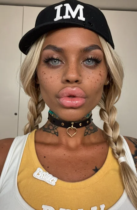 1girl, 18 year old girl, looking at viewer, twin braids, blonde hair, grey eyes, backwards hat, baseball cap, freckles, dark dark-skinned female, tattoos, choker, parted lips, face focus, pink lips, close-up, hand on own chest,
<lora:Bolted_On_Lips_v3:1>,
bolted on lips, puffy lips, big lips, filler lips