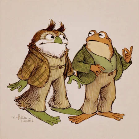 score_9, score_8_up, score_7_up, 2boys, frog and toad, in the style of owl, by Arnold Lobel