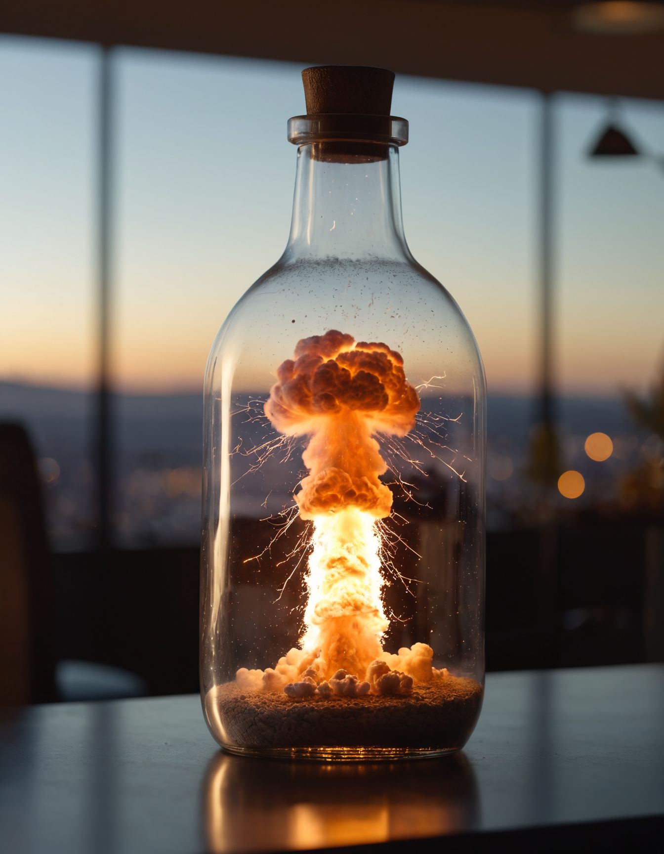 portrait, masterpiece, 4k, ray tracing, intricate details, highly-detailed, hyper-realistic, 8k RAW Editorial Photo.
nuclear explosion inside a large transparent bottle,
cinematic light, dramatic light, shallow depth of field,  high budget, bokeh, cinemascope, film grain,