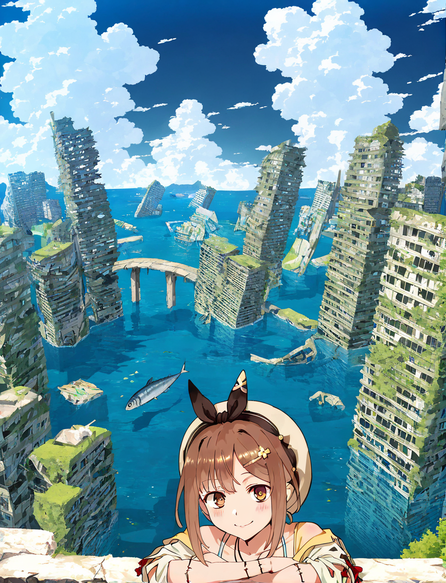 reisalin stout,,anime screenshot,solo,1girl,looking at viewer,smile,long hair, blush,,simple background,white background,upper body,scenery,building,city,water,cityscape,sky,outdoors,cloud,cloudy sky,bridge,day,ruins,skyscraper,blue sky,ocean,tower,tree,fish,masterpiece, best quality, very aesthetic, absurdres,, ,<lora:Anime Pinups-NAI:1> <lora:Submerged ruins-NAI:1>