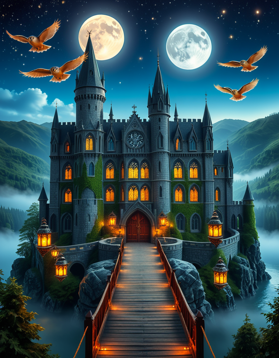 A majestic, ancient castle perched on a rocky hill, serving as a prestigious school for young wizards. The castle is a grand structure with towering spires, intricate gothic architecture, and large stained-glass windows that glow with magical energy. The stone walls are covered in ivy, and enchanted lanterns float around the entrance, casting a soft, mystical glow. A massive wooden bridge leads to the main gate, suspended over a misty, enchanted lake that reflects the moonlight. In the background, rolling green hills and dense, fog-covered forests surround the school, adding an air of mystery. The sky is a deep twilight blue, with stars twinkling and a full moon shining brightly. Some windows in the castle emit warm, golden light, hinting at classrooms filled with spellbooks and students practicing magic. A few owls are seen soaring above, delivering messages. The atmosphere is magical, mysterious, and full of wonder, as if the castle itself is alive with enchantments.
<lora:SDXLFaeTastic2400:0.4> <lora:extremely_detailed:0.4> extremely detailed, <lora:ancient_c4stl3:1>,ancient c4stl3, Masterpiece,best quality,hi res,8k,hi res,8k,award winning,(sharp focus, intricate, highly detailed),
