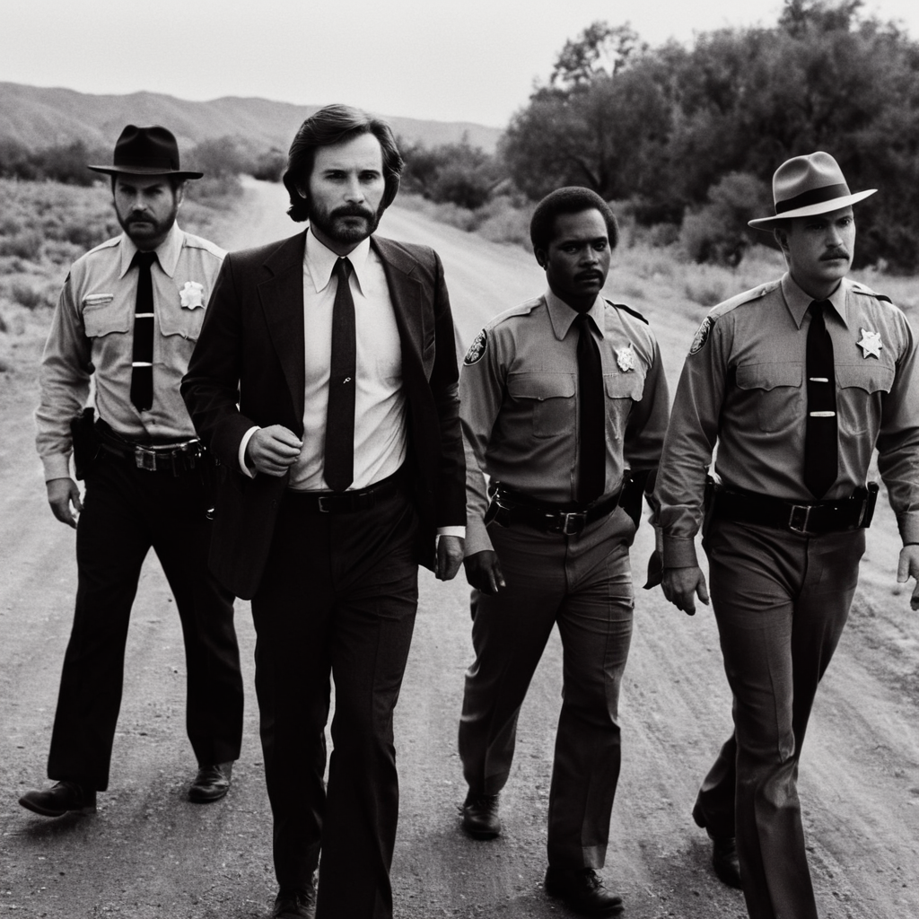 cinematic film still of  <lora:1970's style:1>
In the 1970's a fbi agent man in a suit and tie walking with other men escorting charles manson,looking at viewer,shirt,long sleeves,hat,holding,closed mouth,jacket,monochrome,weapon,greyscale,male focus,outdoors,multiple boys,necktie,collared shirt,belt,pants,dark skin,uniform,tree,gun,military,facial hair,ground vehicle,building,peaked cap,motor vehicle,beard,6+boys,pocket,realistic,mustache,car,road,breast pocket,5boys,police,police uniform,police hat , realistic,realism, detailed, perfection,perfect,filmic,retro,vintage,classic,different haircut,different look,different style,different people, 1970's style , 1970 style, shallow depth of field, vignette, highly detailed, high budget, bokeh, cinemascope, moody, epic, gorgeous, film grain, grainy