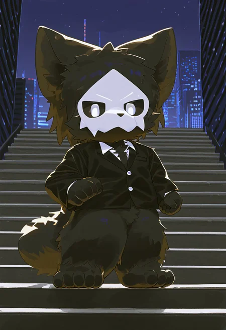 lv1rubili, zPDXL2, furry, anthro, cute, kemono, male focus, score_9, score_8_up, score_7_up, full body, digital art, highly detailed, looking at viewer, standing to viewer, full view, puro, black latex, furry, changed, white eyes, white mask, black fur, 1boy, solo, moody nighttime atmosphere, night city background, wear formal attire, (((standing on stairs with an angry expression on his face)))