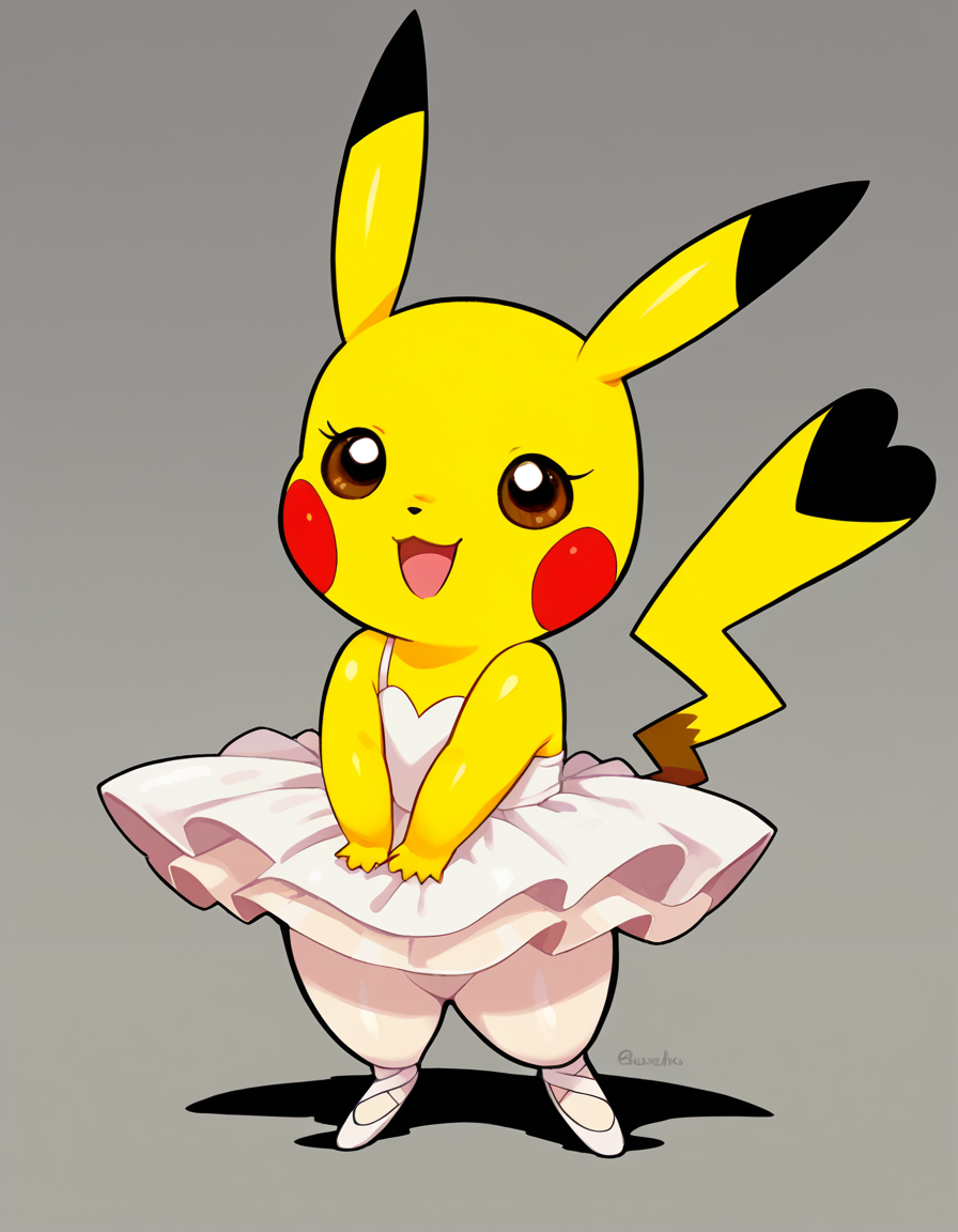 zPDXL, score_9, score_8_up, score_7_up, score_6_up, score_5_up, source_anime, 4k, absurdres, 1girl, solo, 
<lora:Cosplaychu_v1-1-20:0.8>, cosplay pikachu, pokemon \(creature\), pikachu ears, pikachu tail, feral, eyelashes, shortstack, flat chest
 <lora:tutu-ponyxl-lora-nochekaiser:1>, tutu, ballerina, ballet, ballet slippers, white pantyhose,,