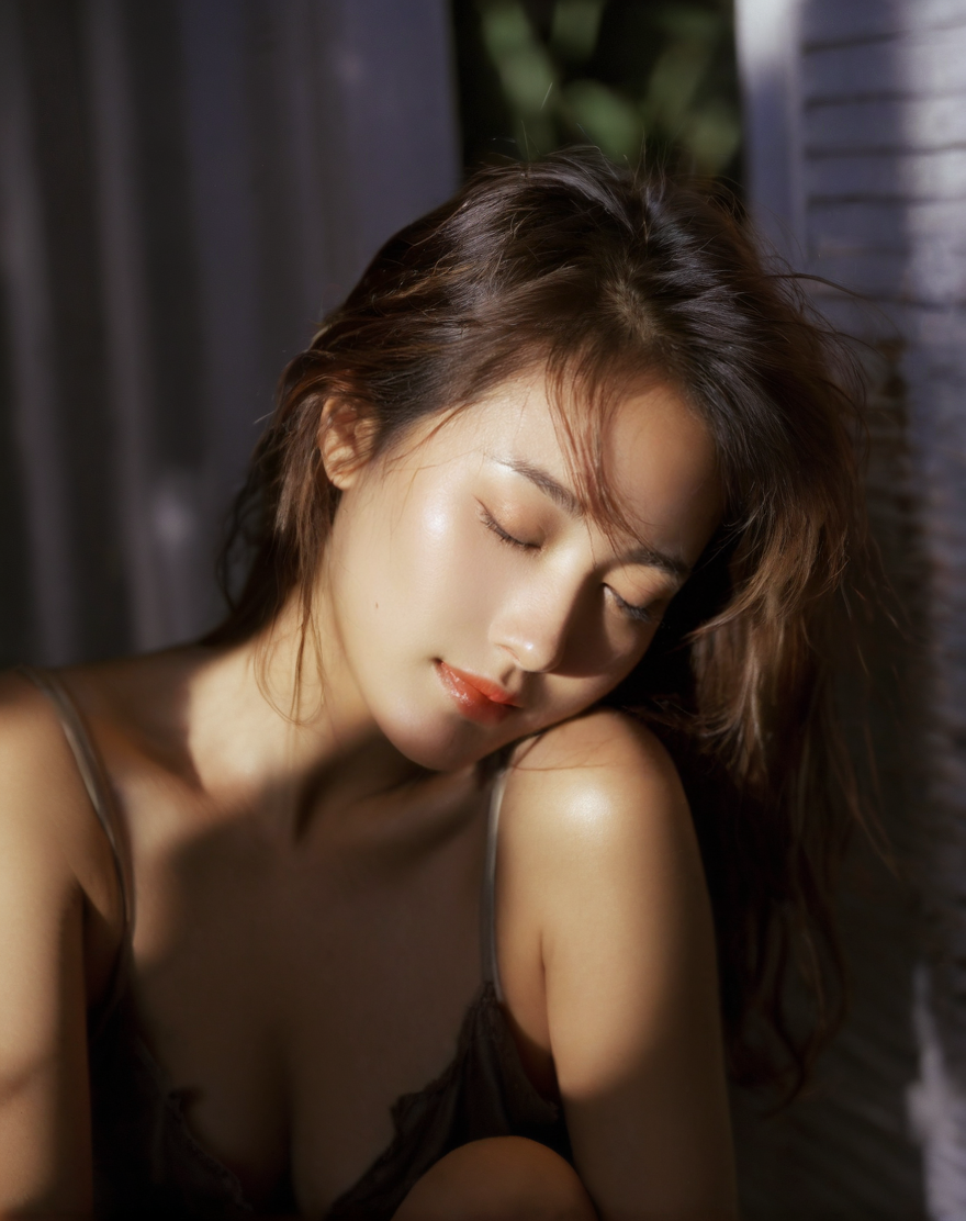 chinese women,tan lines,deep photo,depth of field,Superia 400,shadows,(((vagina visible))),messy hair,perfect face and body,dark,nighttime,dark photo,seductive smirk,((eyes closed)),