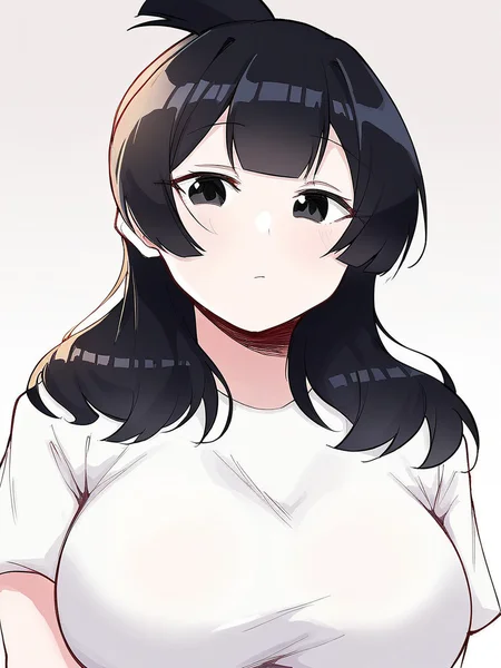 score_9, score_8_up, score_7_up,  
1girl, ashiro yui, black hair, long hair, wavy hair, half updo, black eyes, large breasts,

white t-shirt, short sleeves, white background, upper body, looking at viewer, closed mouth, expressionless,


