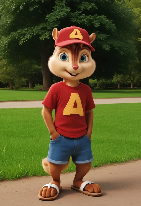 Score_9, score_8_up, score_7_up, source_furry, Alvin Seville, chipmunk, chipmunk male, furry male, furry, 3d, render, movie screencap, blue eyes, red baseball cap, red t-shirt, jean shorts, sandals, tail, hands in pockets, park, grass, trees, standing , looking at viewer, <lora:Alvin _Seville __Alvin_and_the_Chipmunks__CG_Movie_version:0.8>