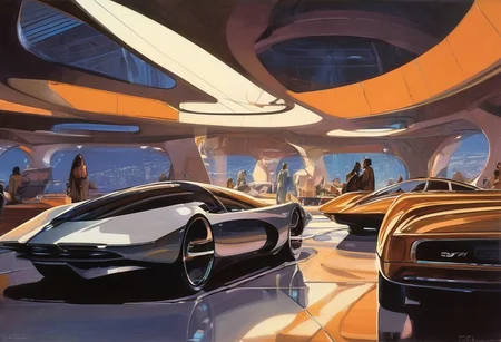 <lora:Syd Mead Style:1>Futuristic buildings in the style of Syd Mead, cars with sweeping curves, (Syd Mead:1.9), people in futuristic clothing styles (Syd Mead), luminescence, ultra realistic, hyper detailed, soft lighting
