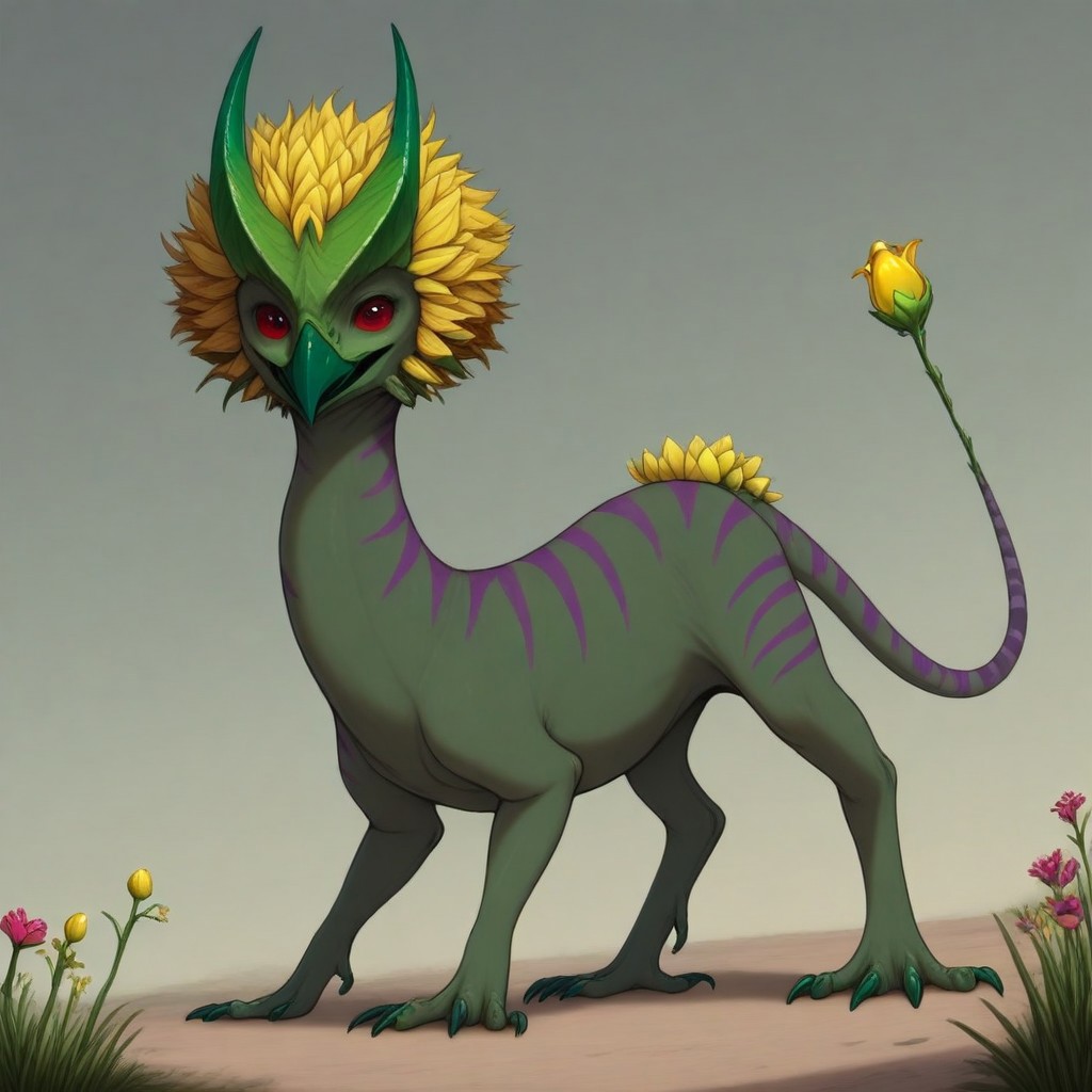 Rating: safe, masterpiece, best quality, amazing quality, highres, absurdres, Gaula, 1animal, quadruped, feral sharp beak, yellow tail tip, flower bud tail, bulb-shaped tail tip, green horns, forward-pointing horns, dark green skin, thick purple stripes, short neck, (raschen, small, chubby, tiny feet, tiny claws, short, short legs), green head mane, thick head mane, red back spikes,
high angle,