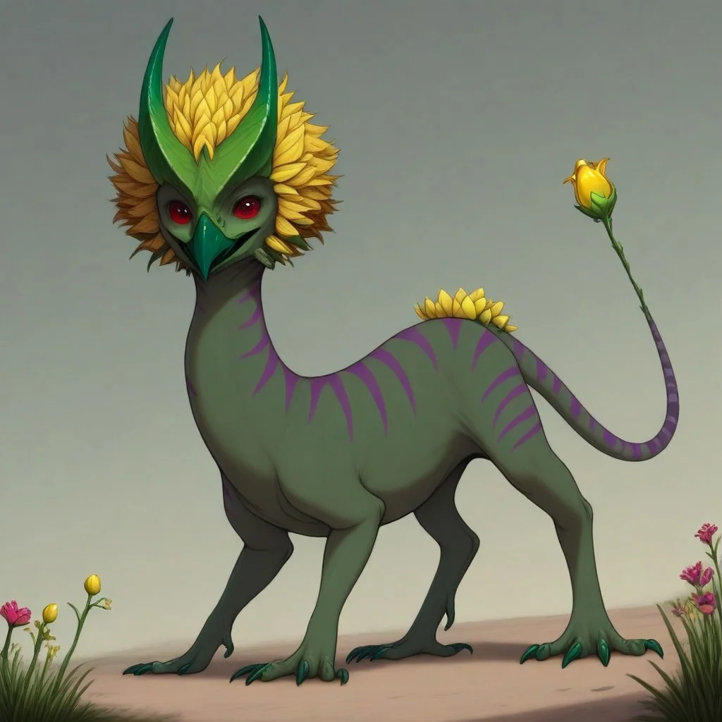 Rating: safe, masterpiece, best quality, amazing quality, highres, absurdres, Gaula, 1animal, quadruped, feral sharp beak, yellow tail tip, flower bud tail, bulb-shaped tail tip, green horns, forward-pointing horns, dark green skin, thick purple stripes, short neck, (raschen, small, chubby, tiny feet, tiny claws, short, short legs), green head mane, thick head mane, red back spikes,
high angle,
