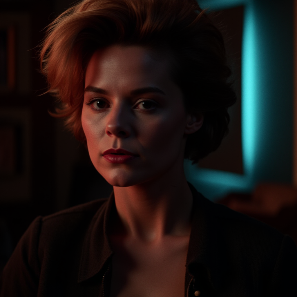 UHD, 4k, ultra detailed, cinematic, a photograph of  <lora:1980's Fright Night Film style:0.8>
In the 1980's Regine Dandridge Julie Carmen, 38yo, seductive, vampress a woman with a mohawk hair, 1girl, solo, looking at viewer, short hair, brown hair, black hair, parted lips, teeth, indoors, blurry, lips, portrait, realistic, horror themed, dark themed, low key light, dramatic light, dramatic shadow light, contrast, cinematic color, cinematic look, filmic, realistic, realism, perfection, perfect, Kodak, Kodak film, movie still, Fright Night 1985 style, Fright Night Film style, black eyes
, epic, beautiful lighting, inpsiring