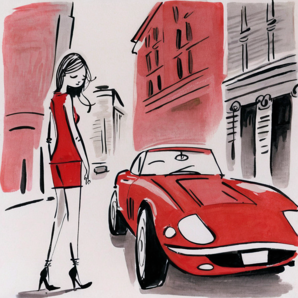 drawix23  girl in the city by a red sports car,  very detailed<lora:drawix23:0.8>