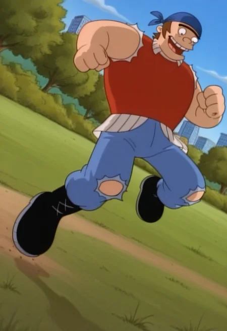 source_cartoon, score_9, score_8_up, score_7_up, High Quality, perfect body, torvald, 1boy, solo, blue bandana, brown hair, black eyes, unibrow, thick eyebrow, big body, red sleeveless shirt, ripped jeans, blue pants, black boots, park, blue sky, grass, simple style, dynamic pose, dynamic view, dynamic Angle, smile,.