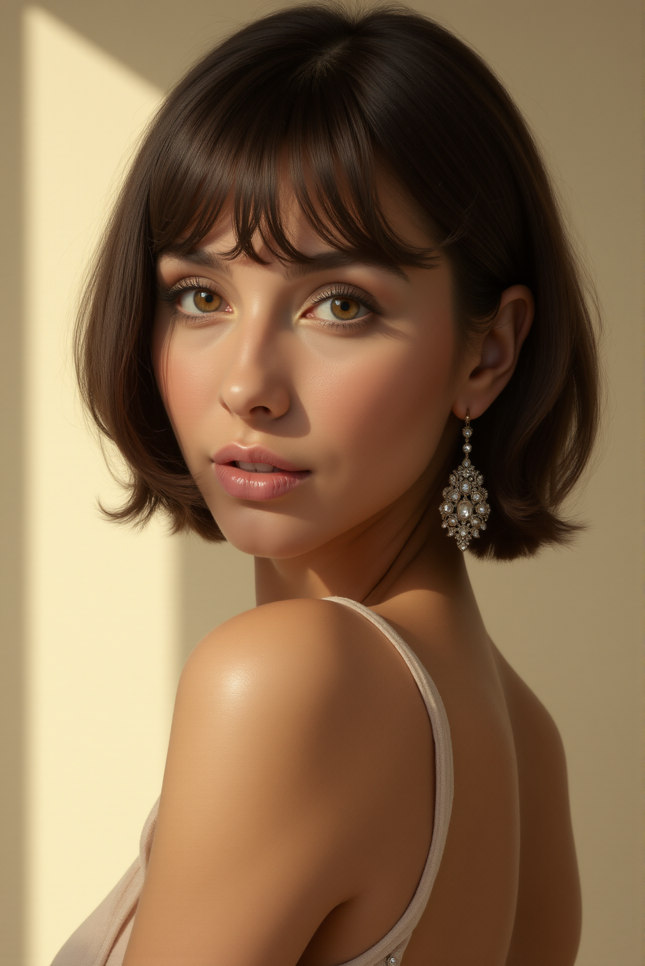 <lora:FFS_v.5:0.8> FFS style. This is a highly detailed, hyper-realistic digital illustration of a woman. She is portrayed in a three-quarter profile, gazing directly at the viewer with a serene expression. Her skin has a smooth, flawless complexion with a warm, subtle glow, suggesting a professional makeup application that enhances her natural beauty. She has a light brown, medium-length bob haircut with blunt-cut bangs, styled with precision and a glossy finish. Her almond-shaped eyes are a striking hazel color, framed by delicate, dark eyelashes that accentuate her gaze. She has a slender, symmetrical nose, full lips with a soft pink hue, and delicate cheekbones, highlighting her facial structure.  She is dressed in a sleeveless, beige top that clings to her slender shoulders, showcasing her collarbone. A delicate, ornate chandelier earring dangles from her right ear, adding a touch of elegance. The background is a simple, muted beige, which contrasts subtly with the soft light streaming from the left side of the image, casting gentle shadows and adding depth.