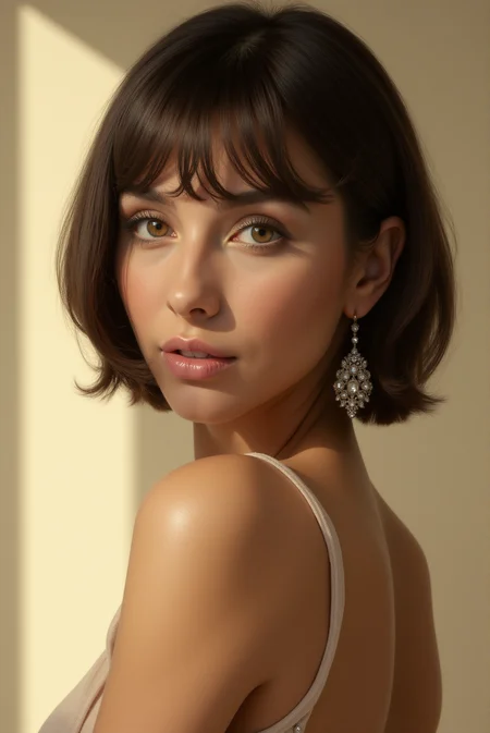 <lora:FFS_v.5:0.8> FFS style. This is a highly detailed, hyper-realistic digital illustration of a woman. She is portrayed in a three-quarter profile, gazing directly at the viewer with a serene expression. Her skin has a smooth, flawless complexion with a warm, subtle glow, suggesting a professional makeup application that enhances her natural beauty. She has a light brown, medium-length bob haircut with blunt-cut bangs, styled with precision and a glossy finish. Her almond-shaped eyes are a striking hazel color, framed by delicate, dark eyelashes that accentuate her gaze. She has a slender, symmetrical nose, full lips with a soft pink hue, and delicate cheekbones, highlighting her facial structure. She is dressed in a sleeveless, beige top that clings to her slender shoulders, showcasing her collarbone. A delicate, ornate chandelier earring dangles from her right ear, adding a touch of elegance. The background is a simple, muted beige, which contrasts subtly with the soft light streaming from the left side of the image, casting gentle shadows and adding depth.