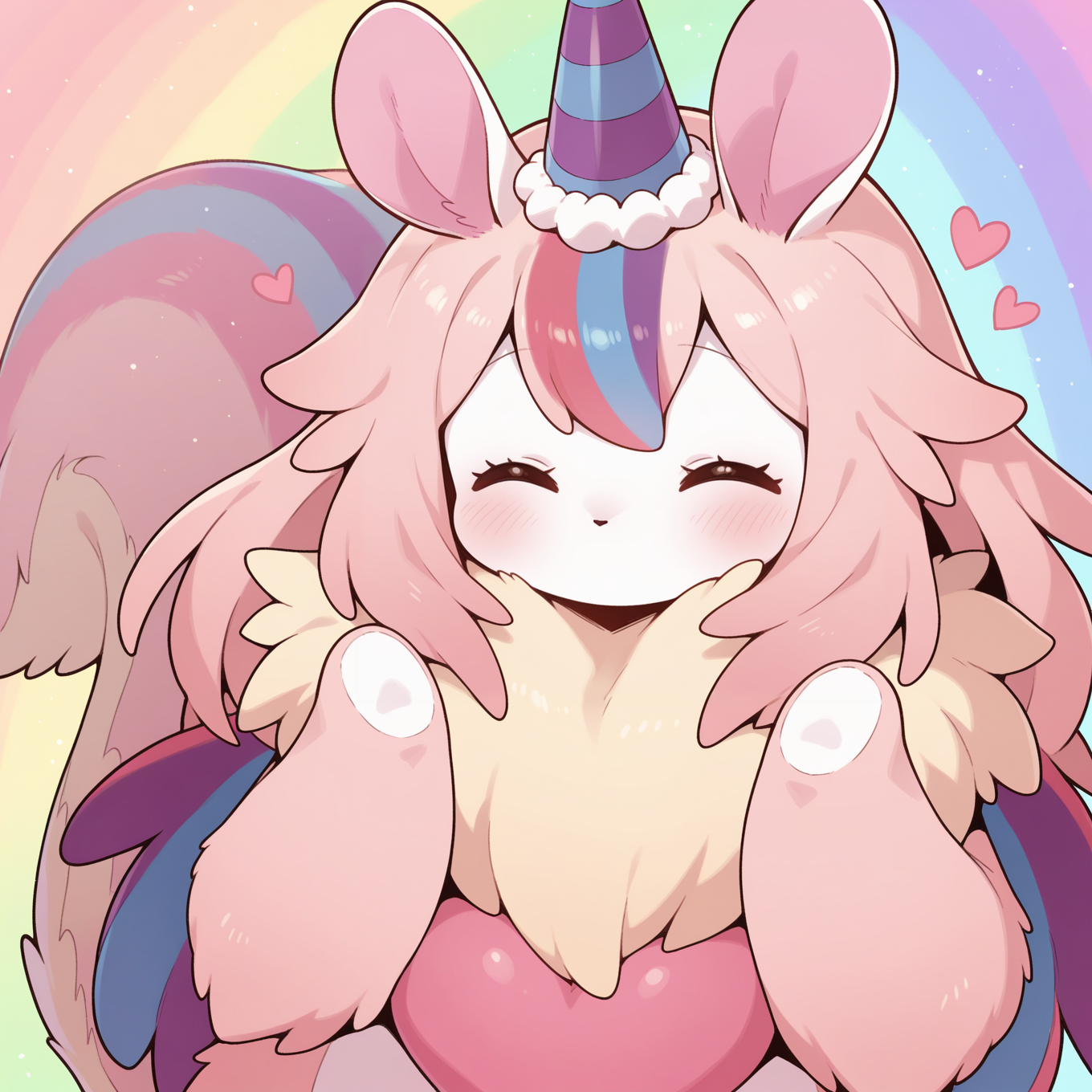 melffy mommy,party hat,no humans,closed eyes,solo,blush,heart,^ ^,simple background,happy,animal focus,pink fur,hands up,animal nose,no mouth, rainbow background, 
masterpiece,best quality,amazing quality,very aesthetic,absurdres,newest,<lora:Melffy Mommy illuXL v1.1:0.75>,