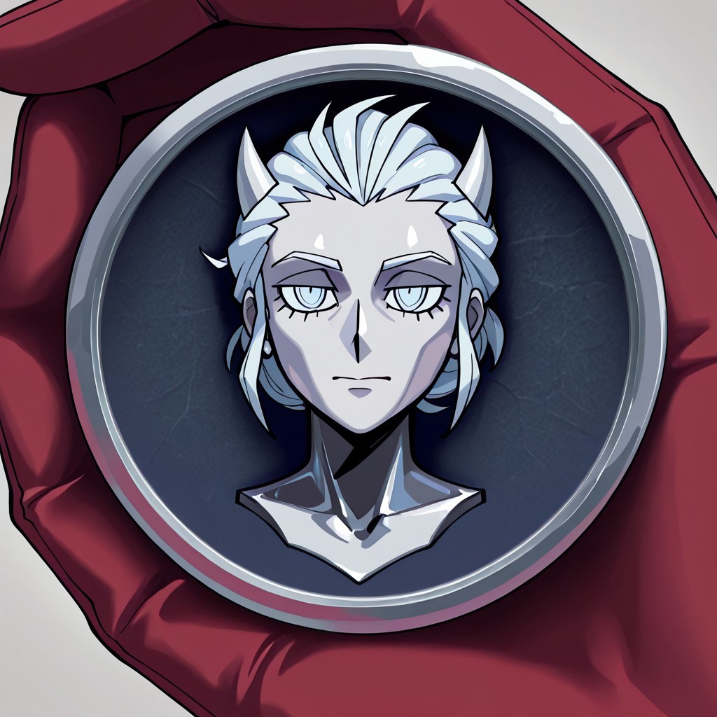 masterpiece, best quality, newest, absurdres, highres, anime, anime style, TheC0in, objectification, 
TheC0in-silver, silver, silver coin, coin, made of silver, silver skin, silver hair,
1girl, justice_(helltaker),