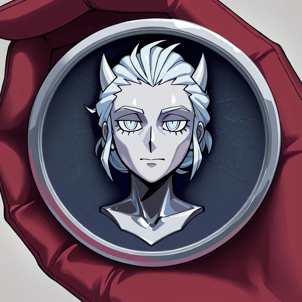 masterpiece, best quality, newest, absurdres, highres, anime, anime style, TheC0in, objectification,
TheC0in-silver, silver, silver coin, coin, made of silver, silver skin, silver hair,
1girl, justice_(helltaker),