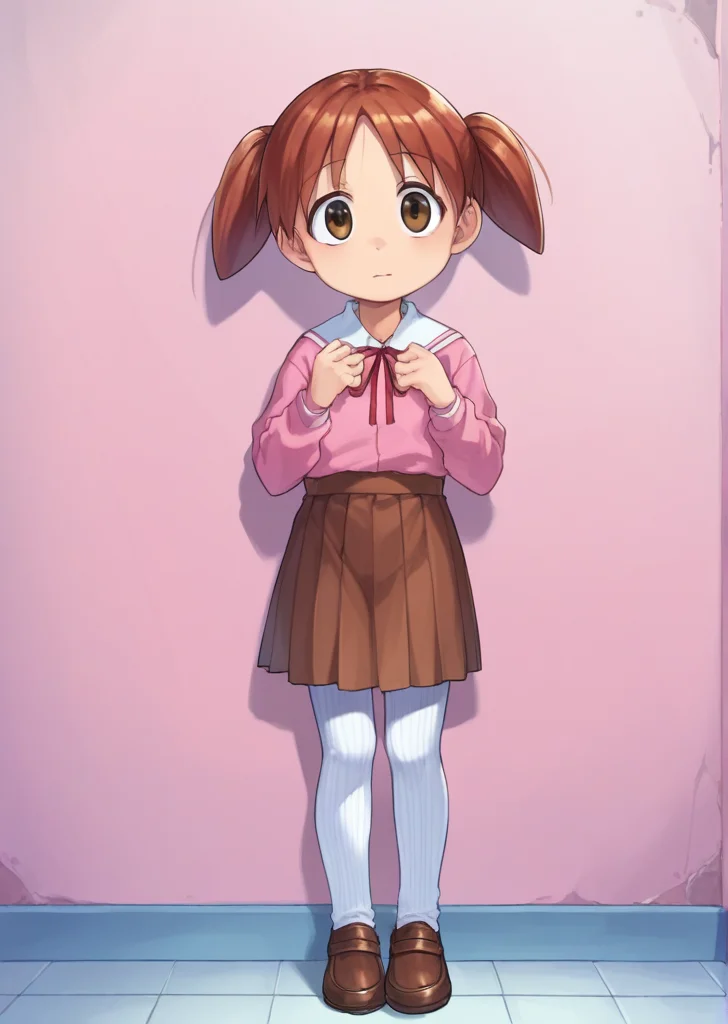 score_9, score_8_up, score_7_up, score_6_up, source_anime, zPDXL, <lora:ALTXL_pony_0061_8:2>, BREAK
1girl, solo, <lora:Mihama_Chiyo_Chiyo-Chan:0.9> chiyo, twintails, Auburn hair, brown eyes, short twintails, little girl, child, leaning against a wall, casual, school uniform, brown loafers, brown skirt, pink shirt, white collar, red ribbon, neck ribbon, <lora:Cotton_Tights:1> ribbed tights, white tights,